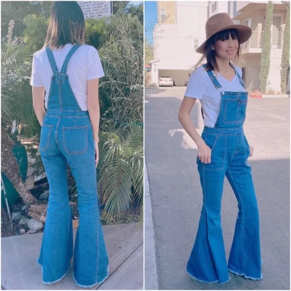 Boho Denim Vintage Style Flared Bell Bottom Wide Leg Overalls - Picture 2 of 8
